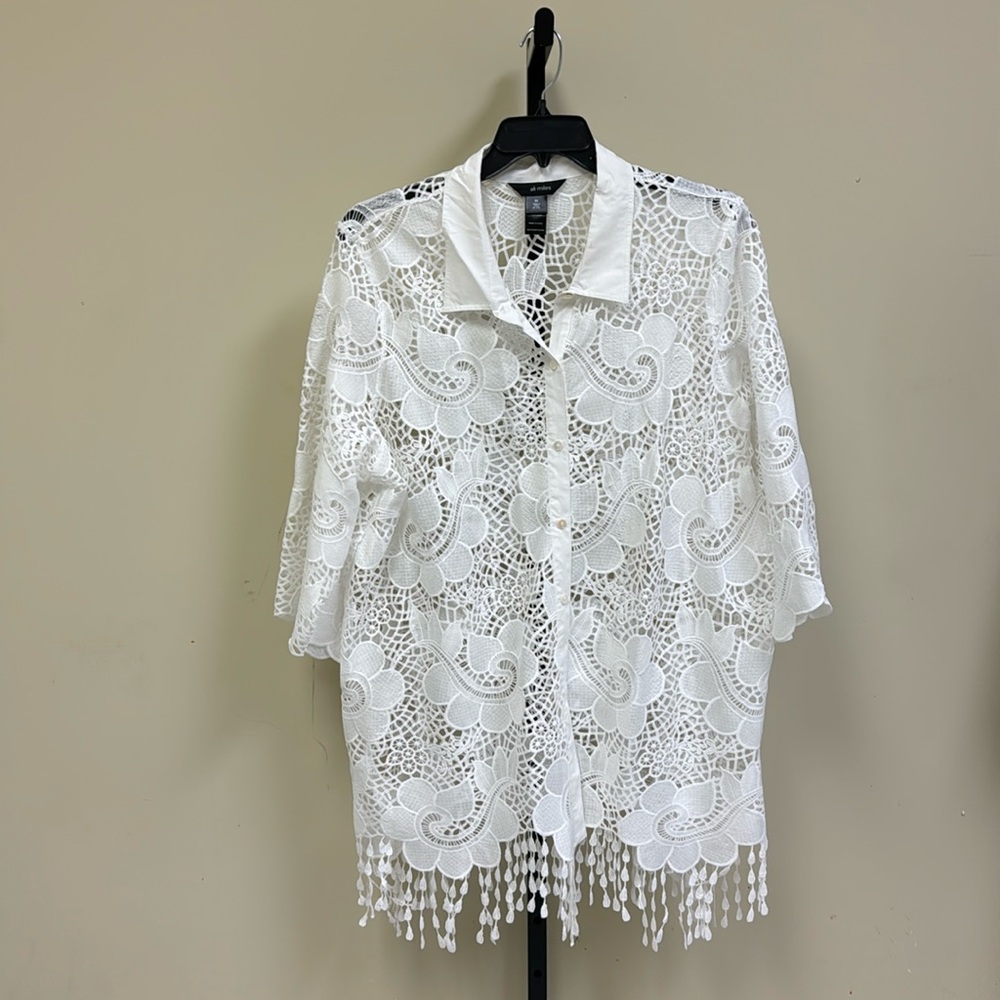 Ali Miles White Crochet Button-Front Fringe Top